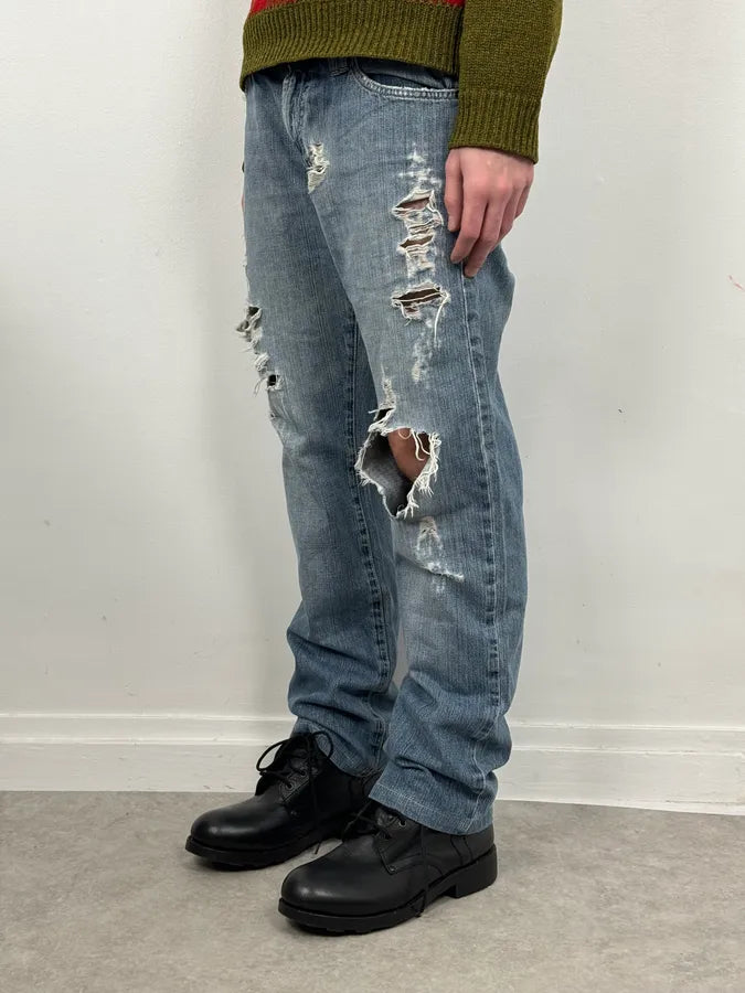 2000s Versace Blue Distressed Rebel Denim Jeans wPXwwPi 1