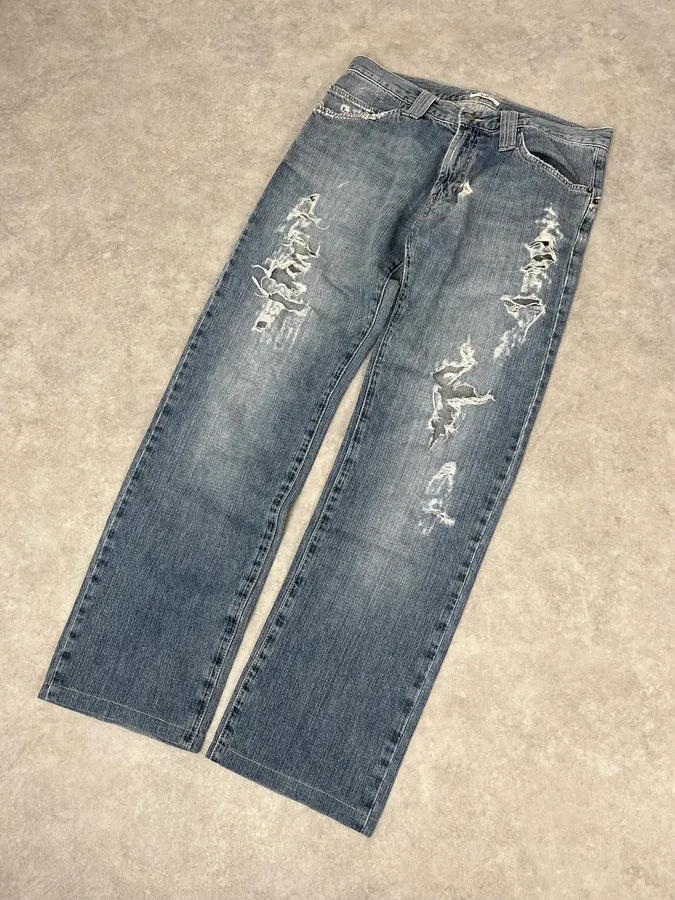 2000s Versace Blue Distressed Rebel Denim Jeans wPXwwPi 4