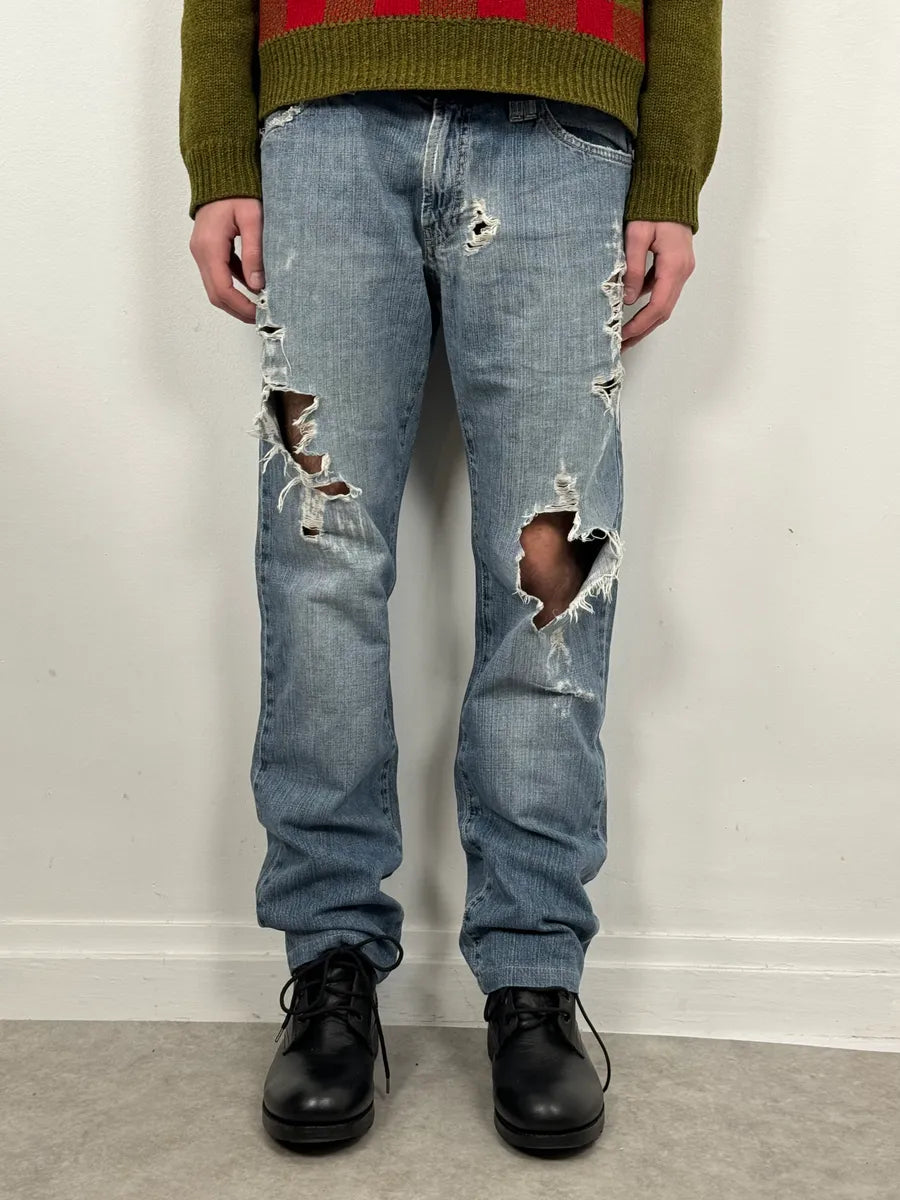 2000s Versace Blue Distressed Rebel Denim Jeans wPXwwPi 0