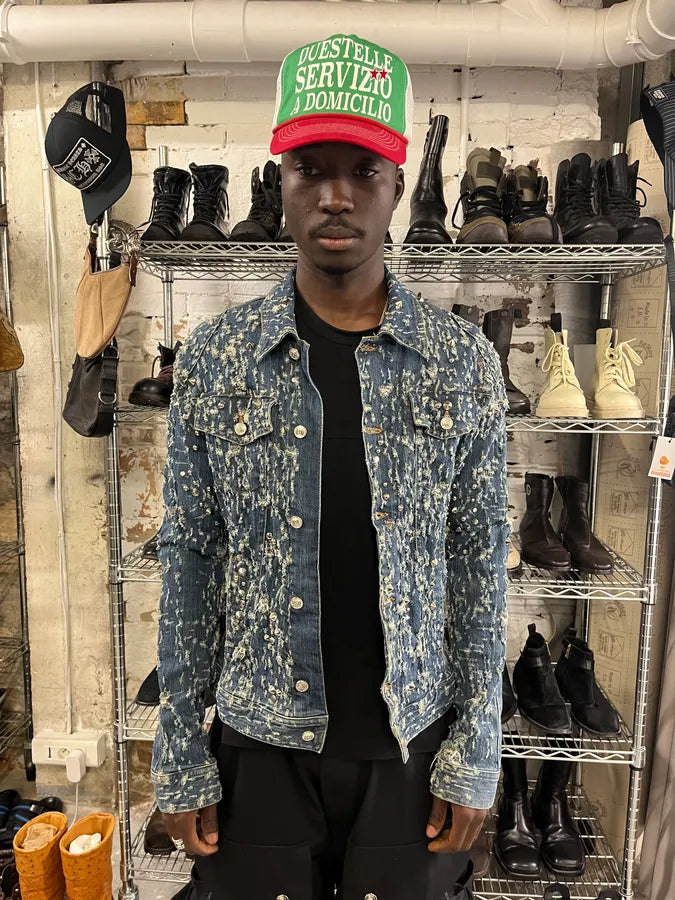 2000s Versace Distressed Studded Blue Denim Jacket IifacqW 1