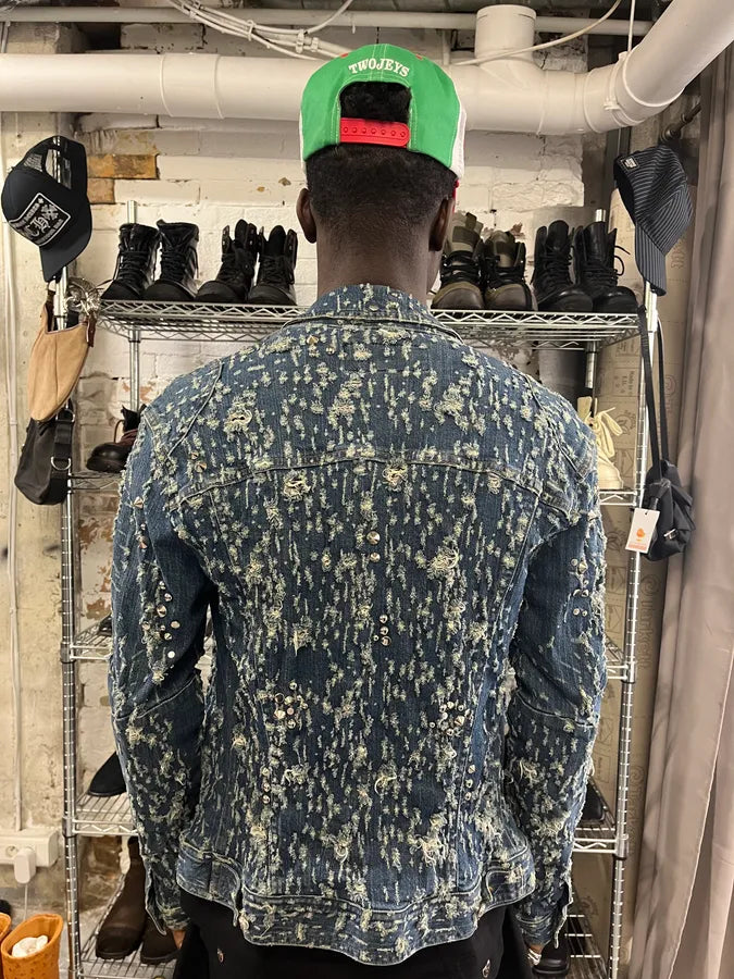 2000s Versace Distressed Studded Blue Denim Jacket IifacqW 2