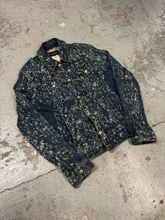 2000s Versace Distressed Studded Blue Denim Jacket IifacqW 3