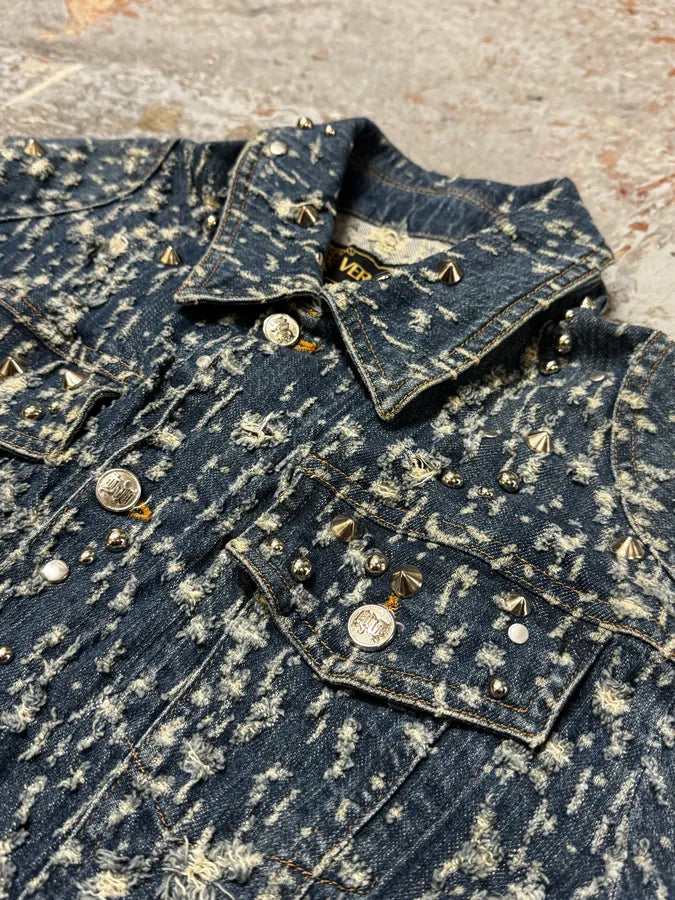 2000s Versace Distressed Studded Blue Denim Jacket IifacqW 4