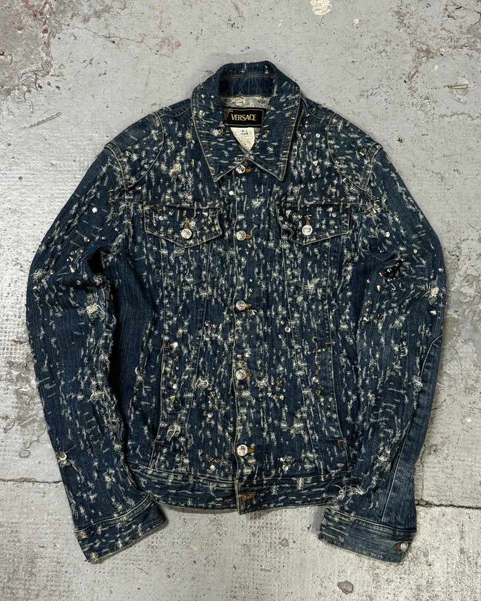 2000s Versace Distressed Studded Blue Denim Jacket IifacqW 0