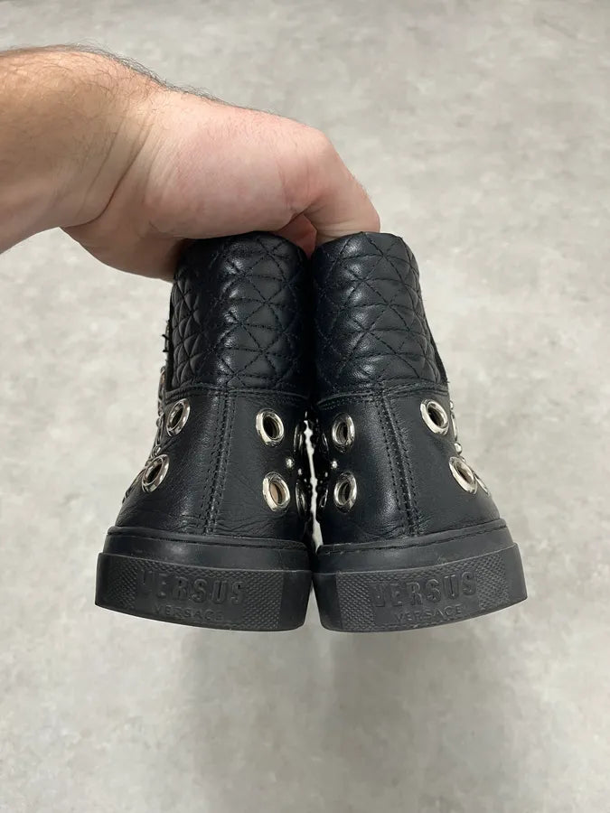 2000s Versace Eyelet Black Leather High Top Shoes QNzWjhY 6
