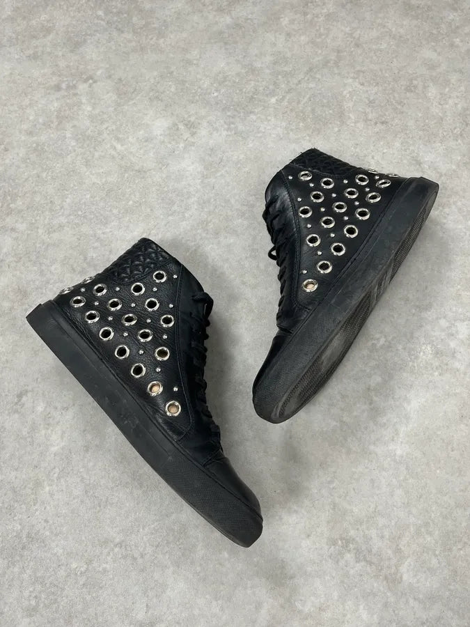 2000s Versace Eyelet Black Leather High Top Shoes QNzWjhY 5