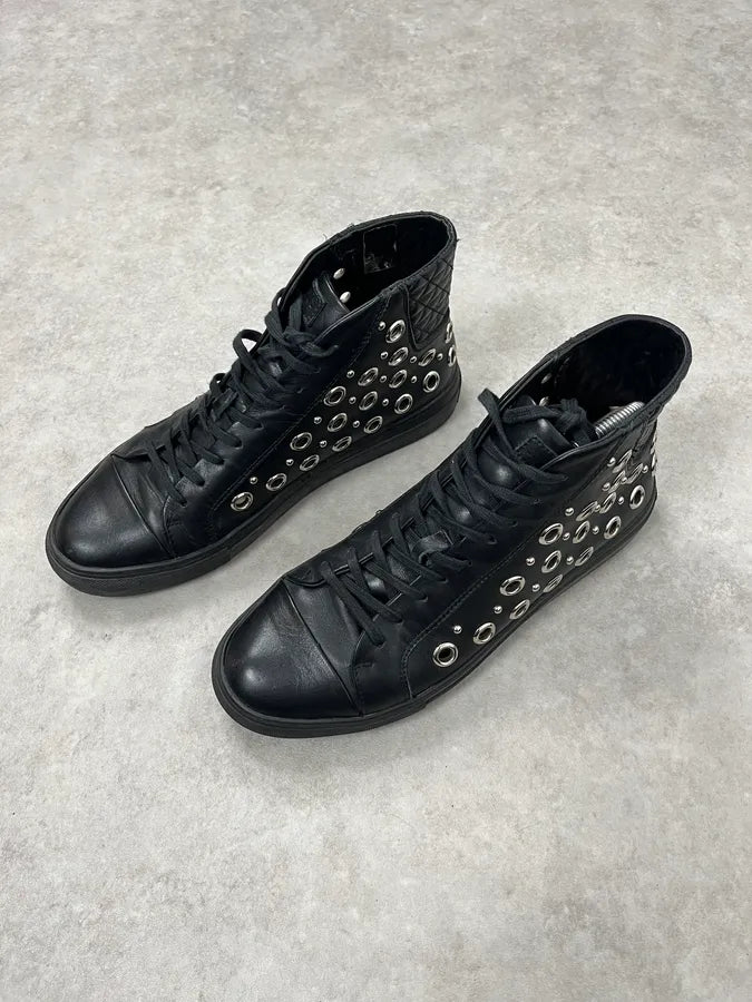 2000s Versace Eyelet Black Leather High Top Shoes QNzWjhY 3