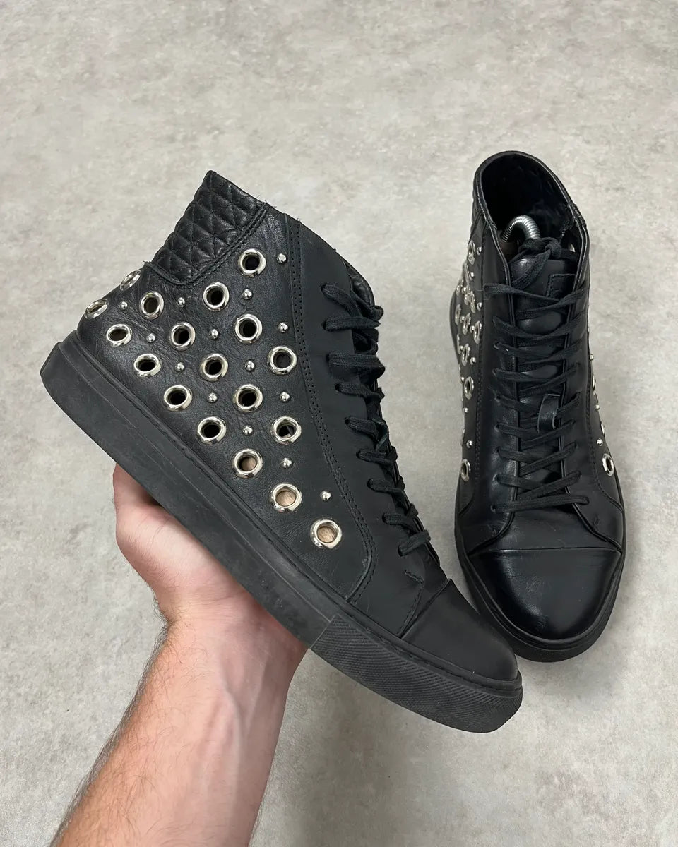 2000s Versace Eyelet Black Leather High Top Shoes QNzWjhY 0