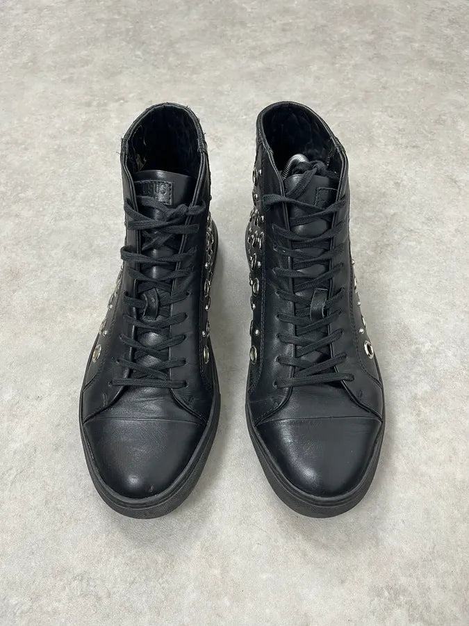 2000s Versace Eyelet Black Leather High Top Shoes QNzWjhY 2