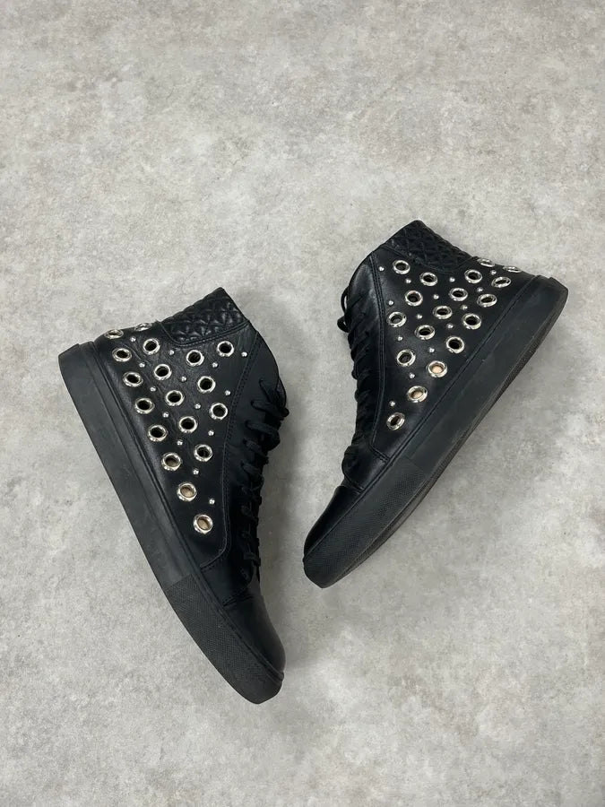 2000s Versace Eyelet Black Leather High Top Shoes QNzWjhY 1