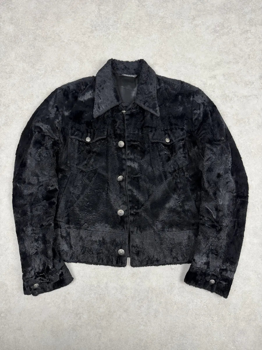 2000s Versace Faux Fur Black Buttoned Jacket OkeGfkc 7