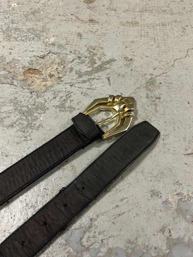 2000s Versace Golden Futuristic V Black Leather Belt qwdEjAN 2