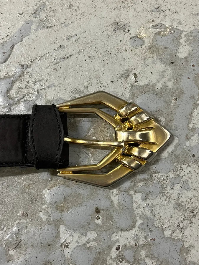2000s Versace Golden Futuristic V Black Leather Belt qwdEjAN 3