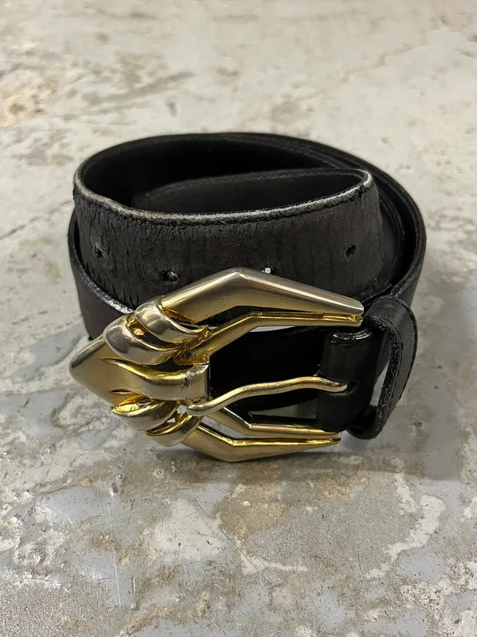 2000s Versace Golden Futuristic V Black Leather Belt qwdEjAN 1
