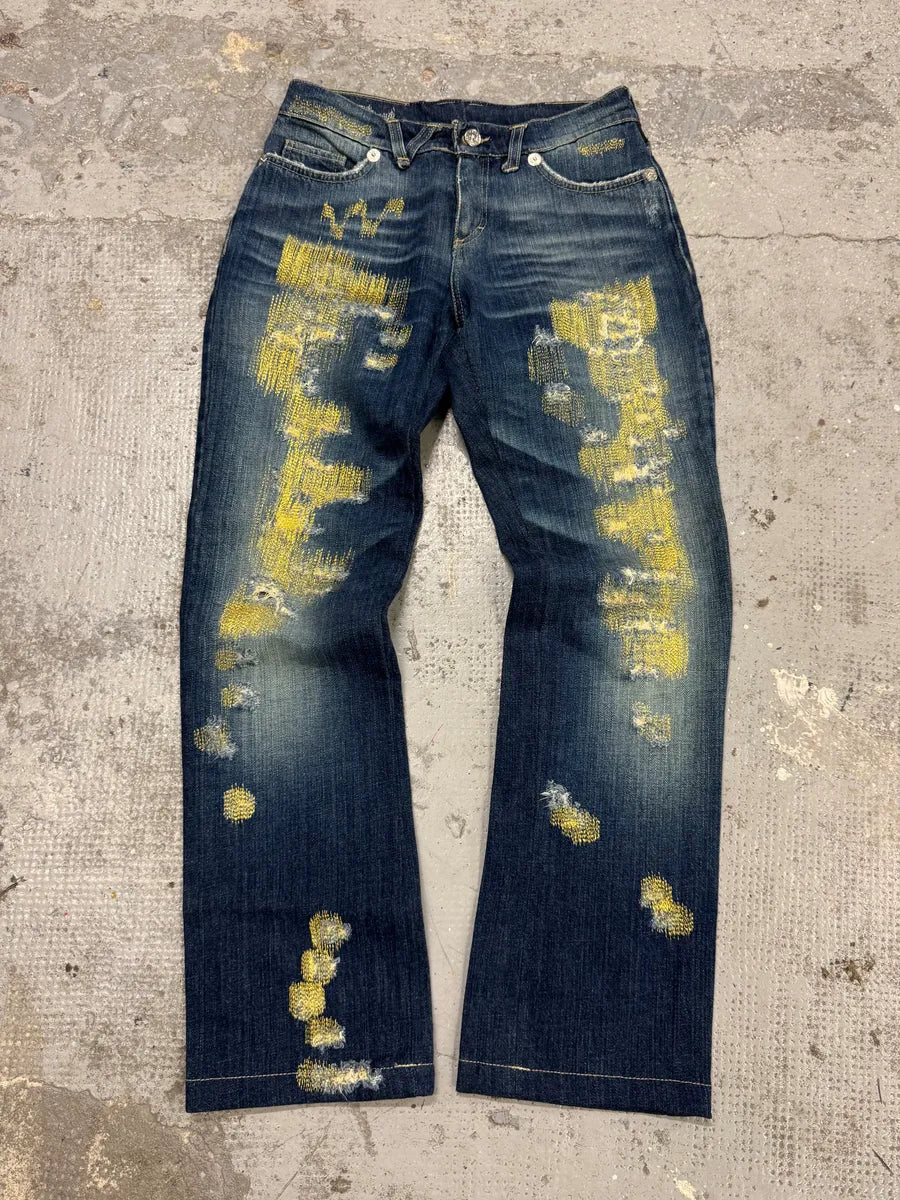 2000s Versace Green Distressed Blue Denim Jeans JUphlQF 0