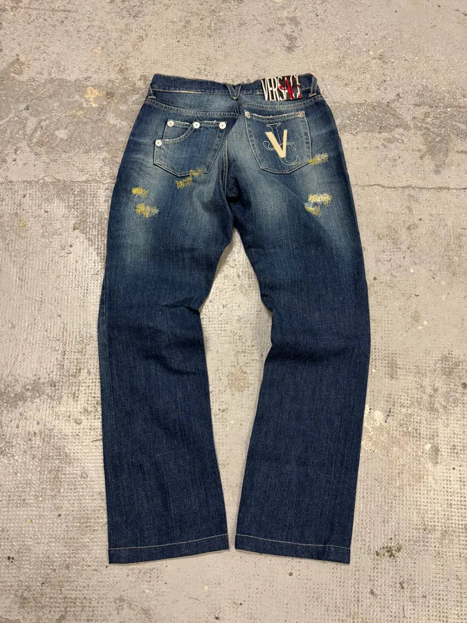 2000s Versace Green Distressed Blue Denim Jeans JUphlQF 1