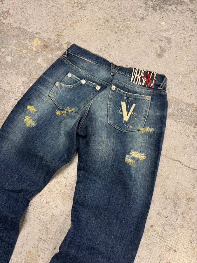 2000s Versace Green Distressed Blue Denim Jeans JUphlQF 2
