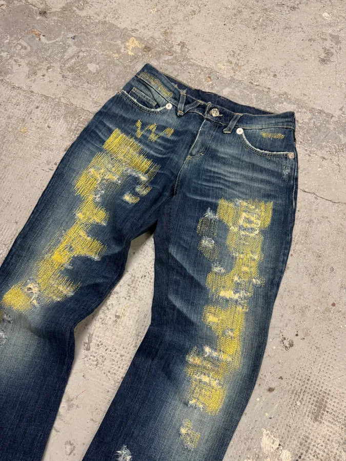 2000s Versace Green Distressed Blue Denim Jeans JUphlQF 3