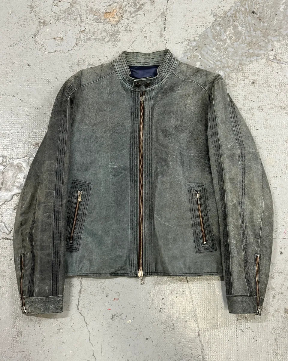 2000s Versace Grey Eroded Leather Biker Jacket qCSqGmk 0