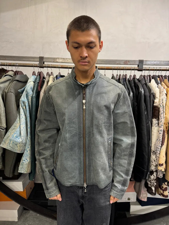 2000s Versace Grey Eroded Leather Biker Jacket qCSqGmk 1