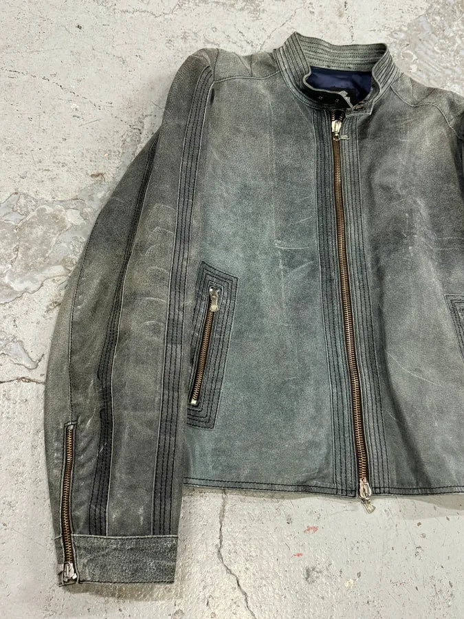 2000s Versace Grey Eroded Leather Biker Jacket qCSqGmk 3