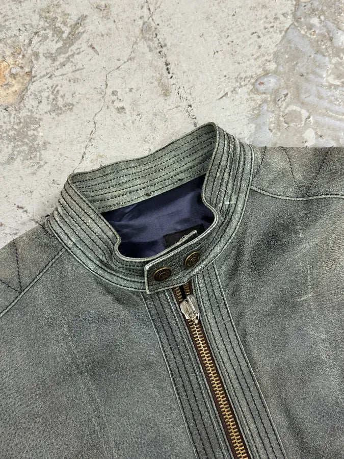 2000s Versace Grey Eroded Leather Biker Jacket qCSqGmk 4