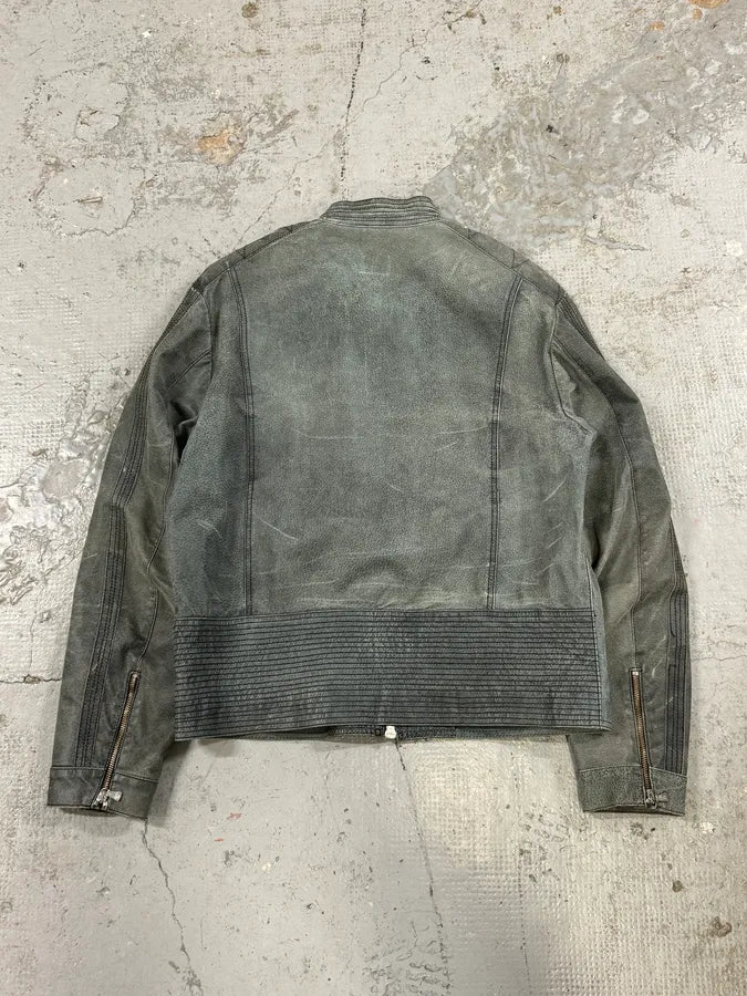 2000s Versace Grey Eroded Leather Biker Jacket qCSqGmk 5