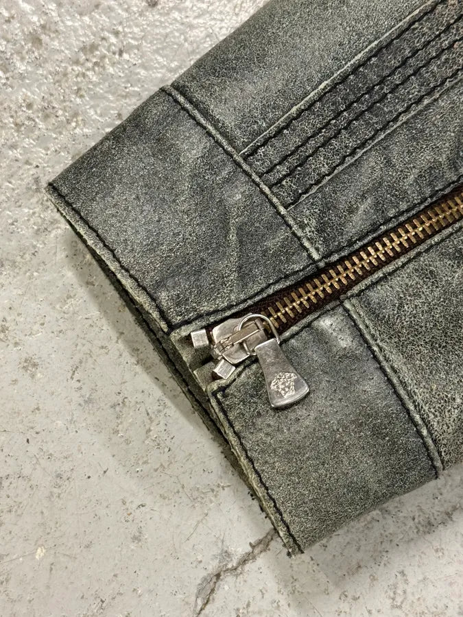 2000s Versace Grey Eroded Leather Biker Jacket qCSqGmk 7