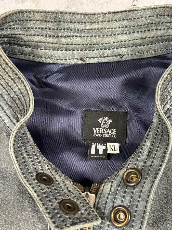 2000s Versace Grey Eroded Leather Biker Jacket qCSqGmk 8