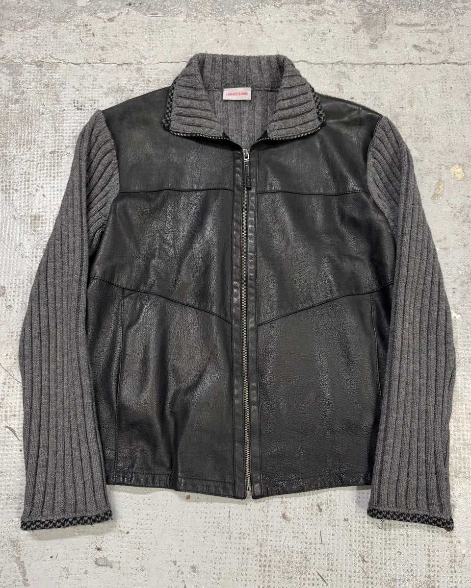 2000s Versace Hybrid Leather Wool Zip Up Jacket qZYNoJl 0
