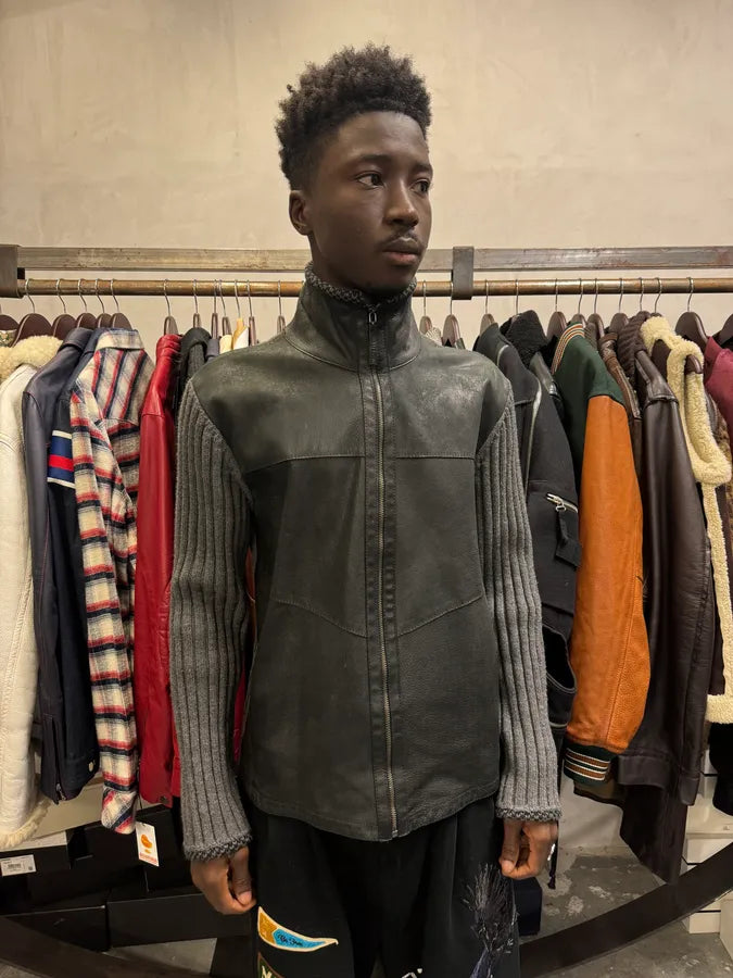 2000s Versace Hybrid Leather Wool Zip Up Jacket qZYNoJl 1