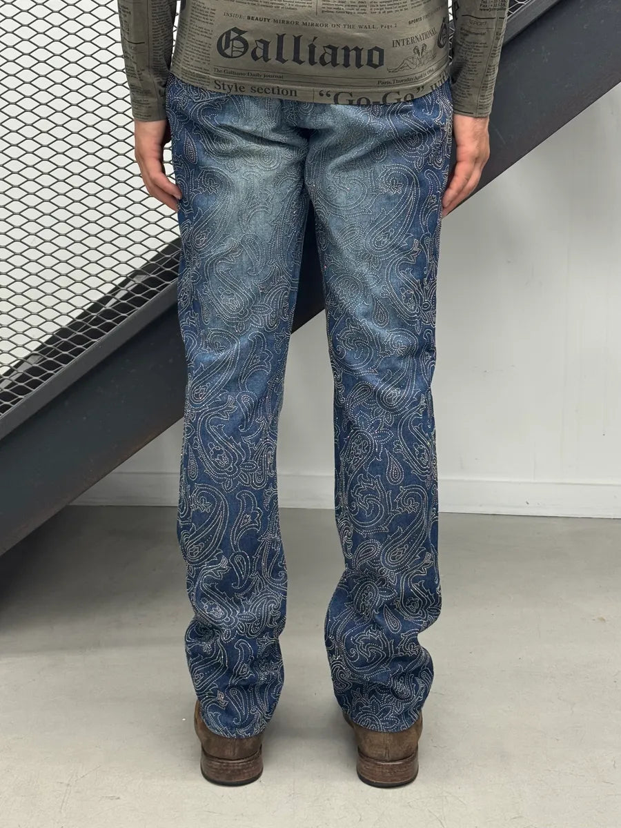 2000s Versace Jeans Paisley Rhinestone Embellishement Navy Denim Jeans bByDtNK 1