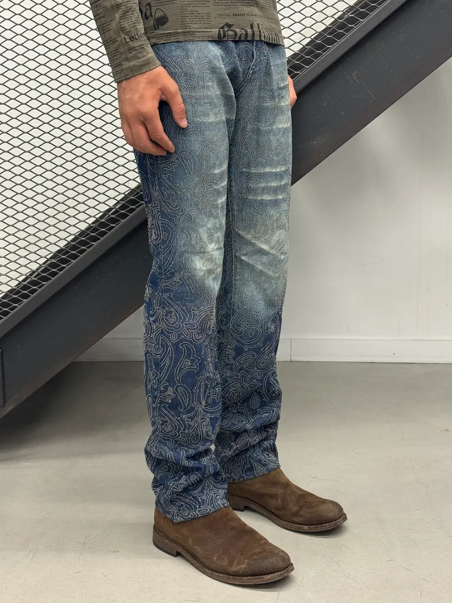 2000s Versace Jeans Paisley Rhinestone Embellishement Navy Denim Jeans bByDtNK 2