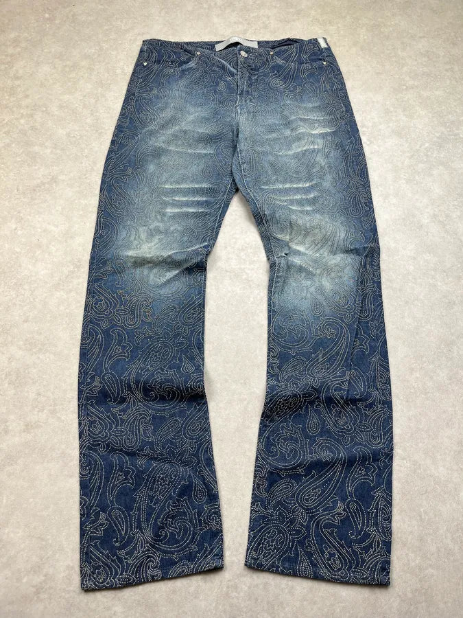 2000s Versace Jeans Paisley Rhinestone Embellishement Navy Denim Jeans bByDtNK 3