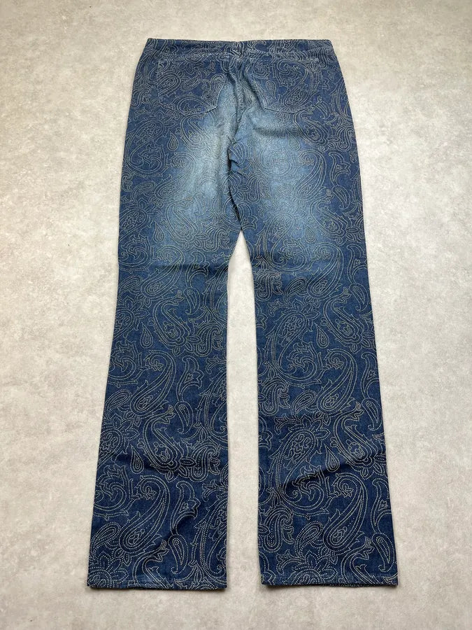 2000s Versace Jeans Paisley Rhinestone Embellishement Navy Denim Jeans bByDtNK 4