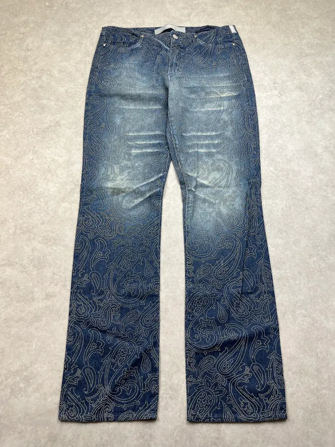 2000s Versace Jeans Paisley Rhinestone Embellishement Navy Denim Jeans bByDtNK 5