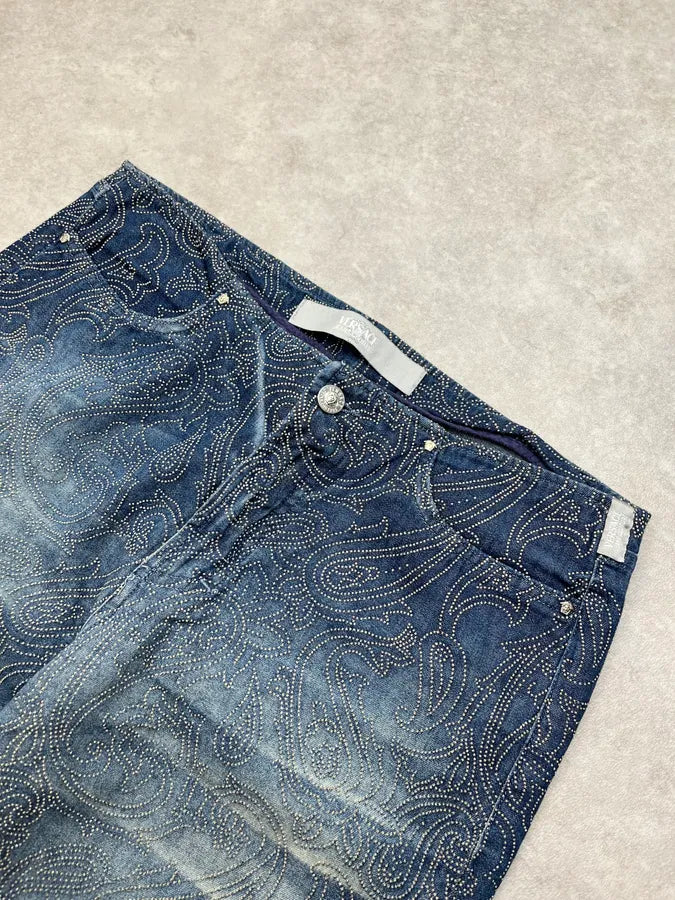 2000s Versace Jeans Paisley Rhinestone Embellishement Navy Denim Jeans bByDtNK 6
