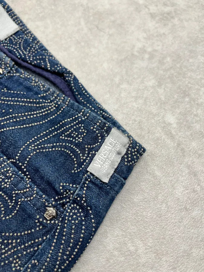 2000s Versace Jeans Paisley Rhinestone Embellishement Navy Denim Jeans bByDtNK 7