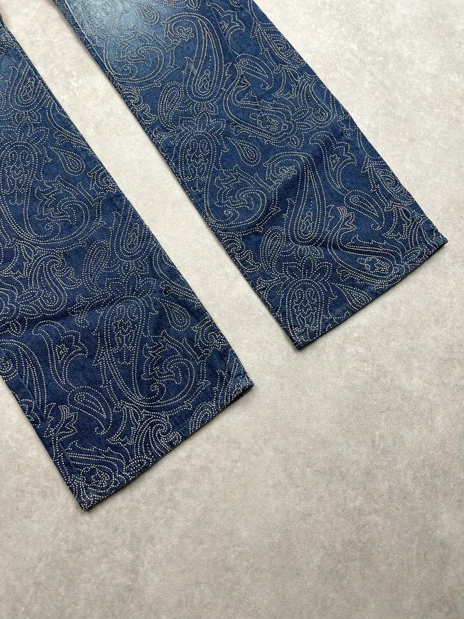 2000s Versace Jeans Paisley Rhinestone Embellishement Navy Denim Jeans bByDtNK 8