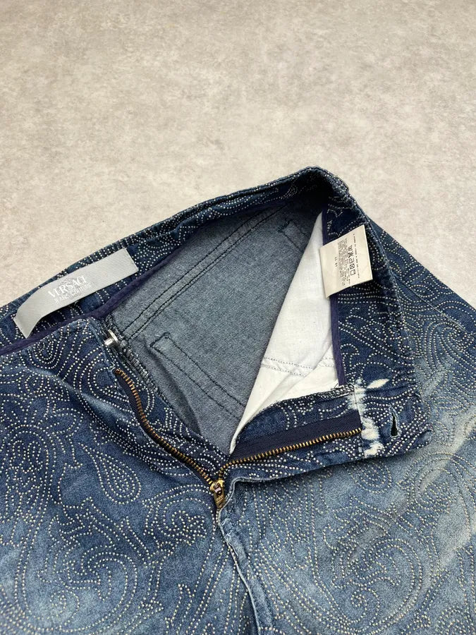 2000s Versace Jeans Paisley Rhinestone Embellishement Navy Denim Jeans bByDtNK 9