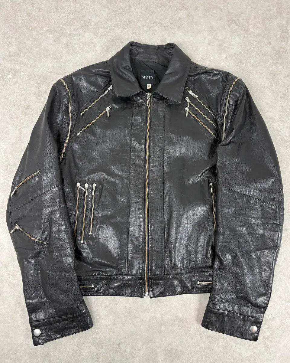 AW2003 Versace Multi Zip with Detachable Sleeves Black Leather Jacket uGUTGBw 0