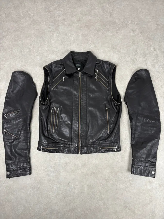 AW2003 Versace Multi Zip with Detachable Sleeves Black Leather Jacket uGUTGBw 1
