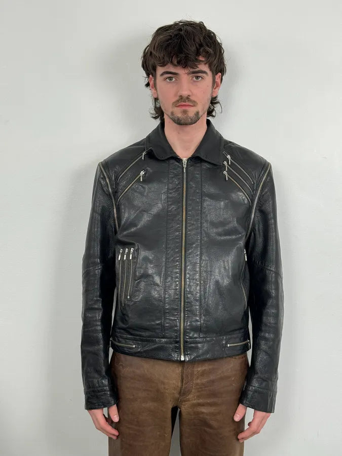 AW2003 Versace Multi Zip with Detachable Sleeves Black Leather Jacket uGUTGBw 3