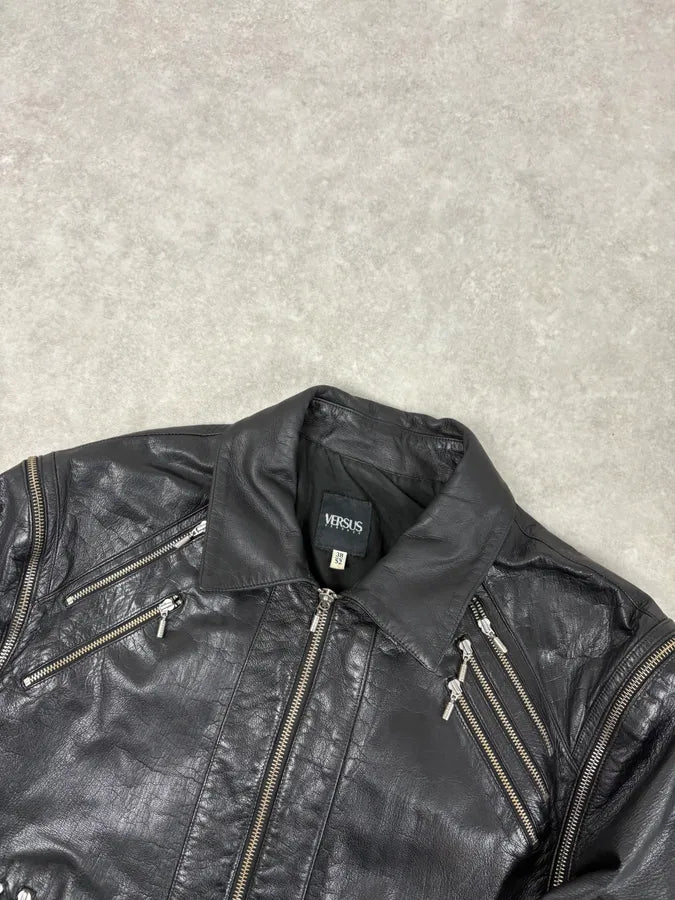 AW2003 Versace Multi Zip with Detachable Sleeves Black Leather Jacket uGUTGBw 6