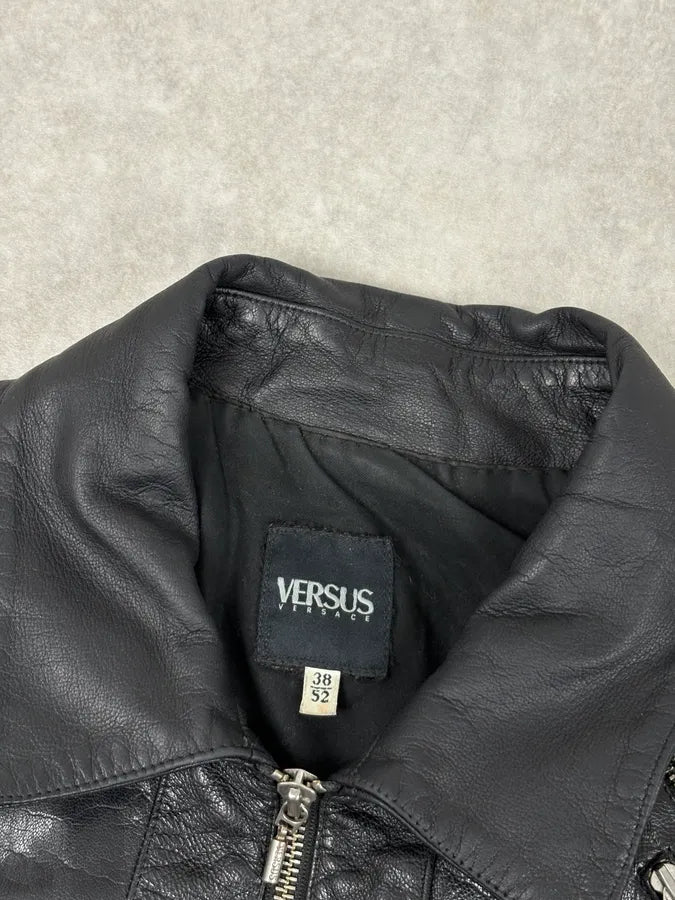 AW2003 Versace Multi Zip with Detachable Sleeves Black Leather Jacket uGUTGBw 7