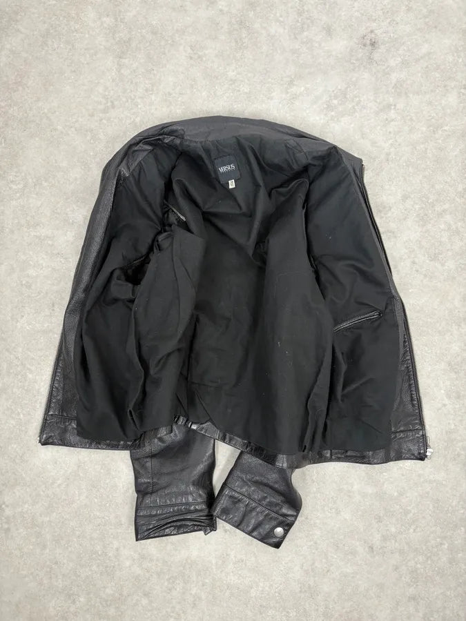 AW2003 Versace Multi Zip with Detachable Sleeves Black Leather Jacket uGUTGBw 8