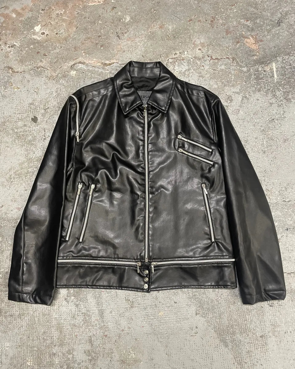 2000s Versace Multi Zips Black Eco Leather Jacket QAwlIZc 0