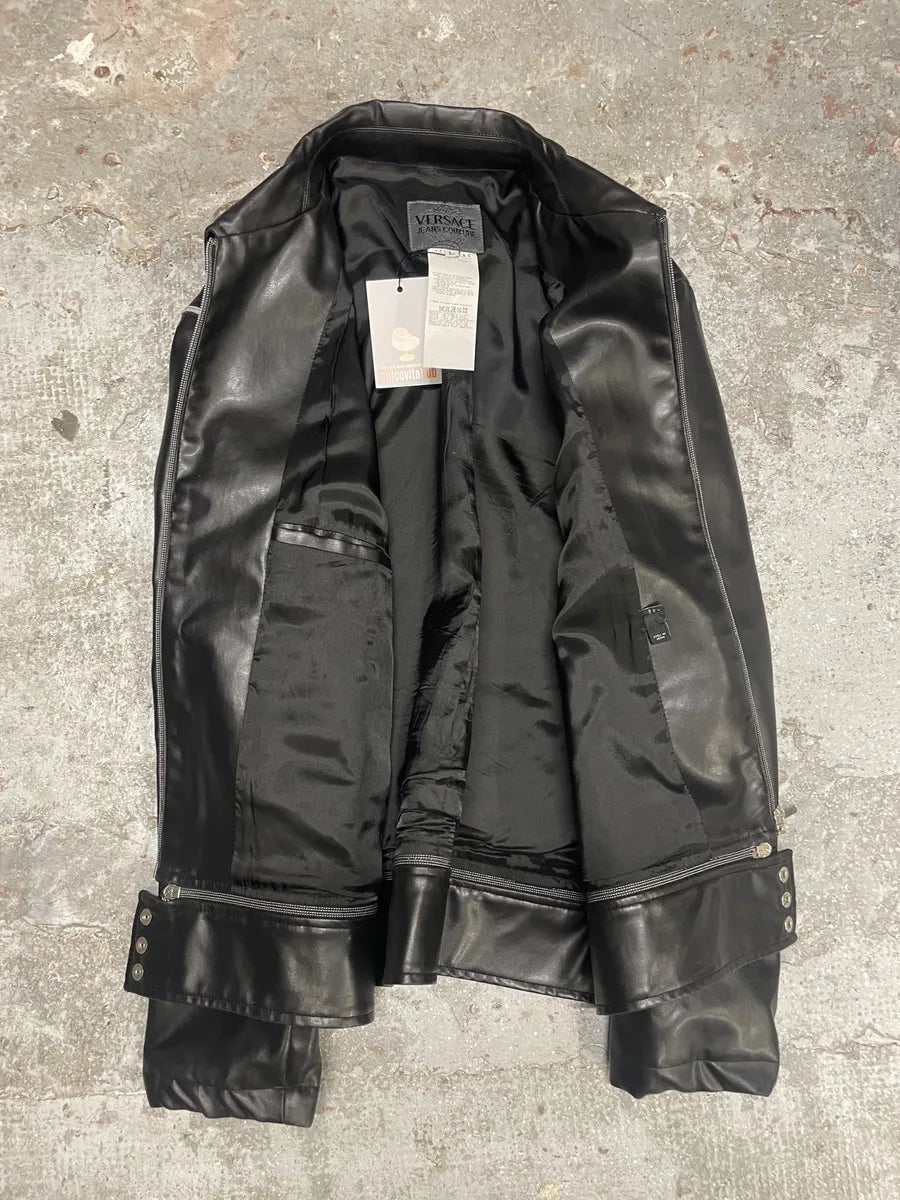 2000s Versace Multi Zips Black Eco Leather Jacket QAwlIZc 3