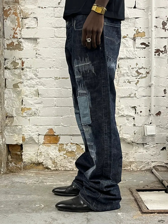 2000s Versace Navy Brut Distressed Patchwork Denim Jeans eSukTFs 1