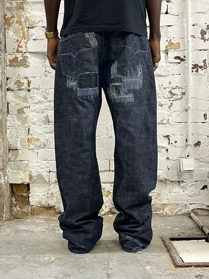 2000s Versace Navy Brut Distressed Patchwork Denim Jeans eSukTFs 2